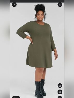 Time and Tru 3/4 Sleeve Dress in Olive With Pockets Plus Curve